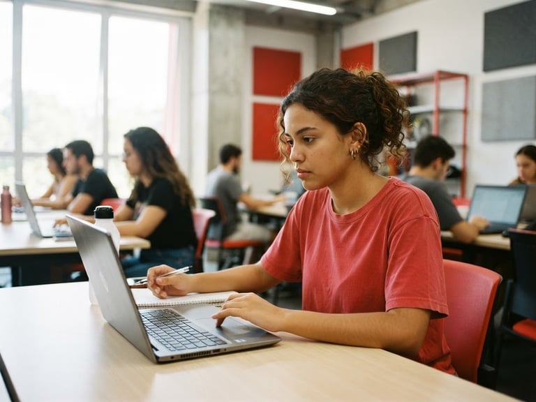 Medium shot of a Brazilian student working on a computer in a bright, modern classroom, natural daylight streaming through windows, vibrant red accents, authentic setting, 35mm lens, sharp focus.