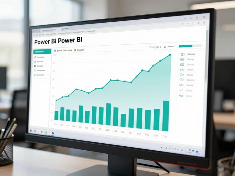 Tight close-up of a clean, high-fidelity Power BI dashboard displaying corporate financial metrics on a sleek monitor, electric teal data lines, crisp white background, modern Bogotá office setting with soft natural daylight.