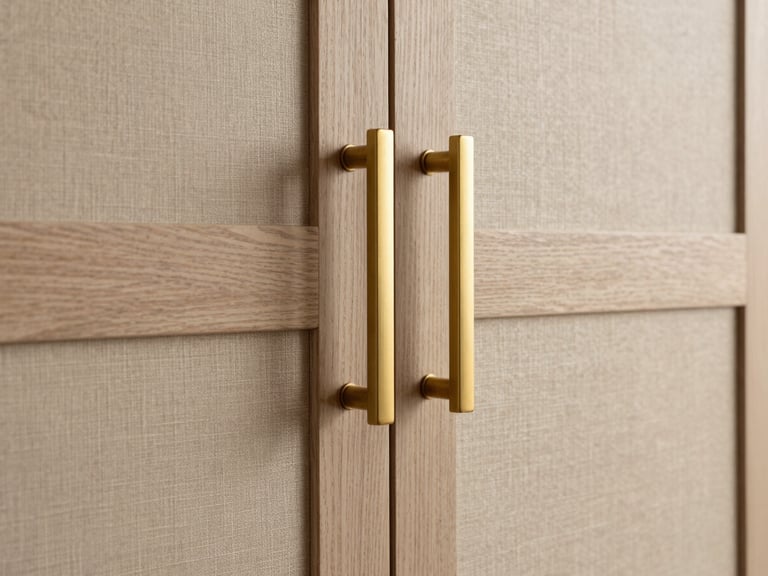 Close-up detail of custom oak joinery, brushed brass handles, textured linen fabric, soft diffused warm lighting, architectural minimalism, 35mm lens.