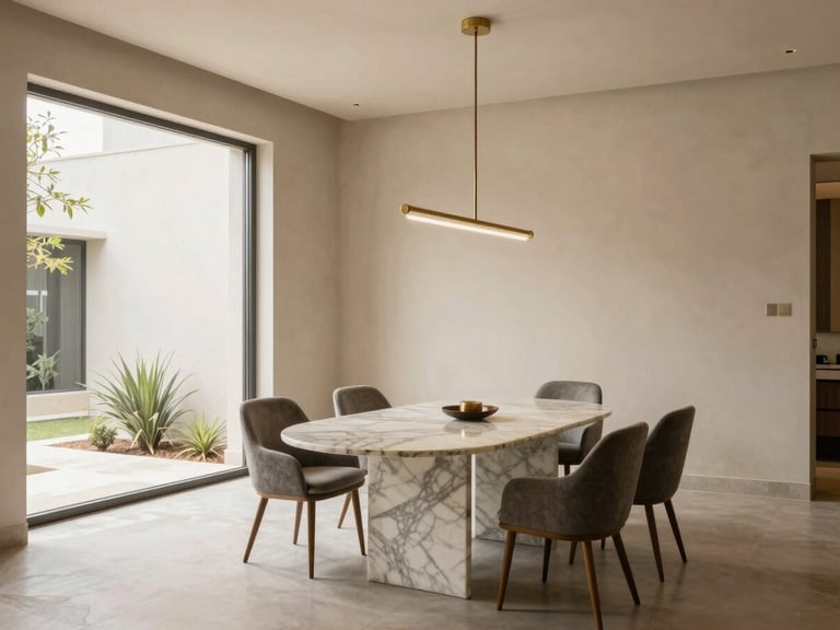 Wide environmental architectural shot of a luxury dining area in Gurgaon, custom marble table, minimalist brass lighting, soft natural daylight, editorial styling, 35mm lens.