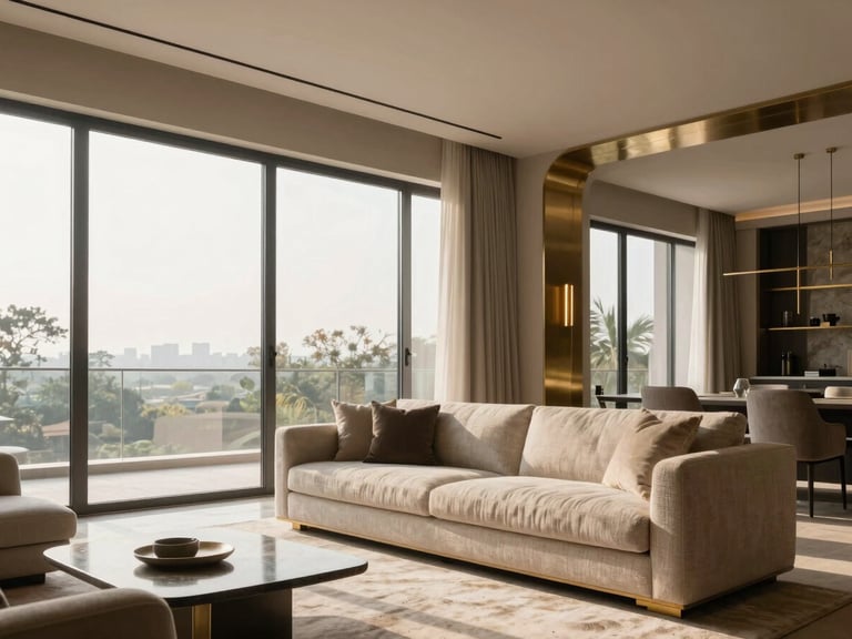 Wide-angle environmental architectural photography of a luxury living room in New Delhi, soft natural daylight streaming through floor-to-ceiling windows, brushed brass accents, textured linen sofa, neutral beige tones, 35mm lens.