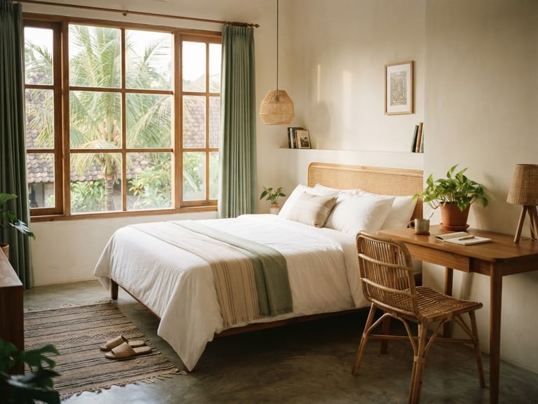 Warm editorial interior of a boutique kost room in Yogyakarta, sunlit queen bed with clean linens, minimalist wooden desk, soft green accents, 35mm photography