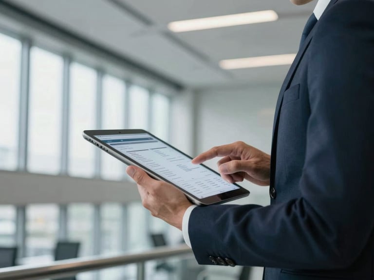 A close-up of a modern executive reviewing digital credentials on a tablet in a corporate office, sharp architectural light, 35mm