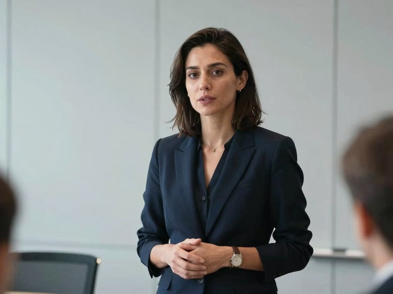 A focused portrait of a confident female director speaking in a boardroom meeting, natural crisp light, cool gray and deep navy tones, 35mm