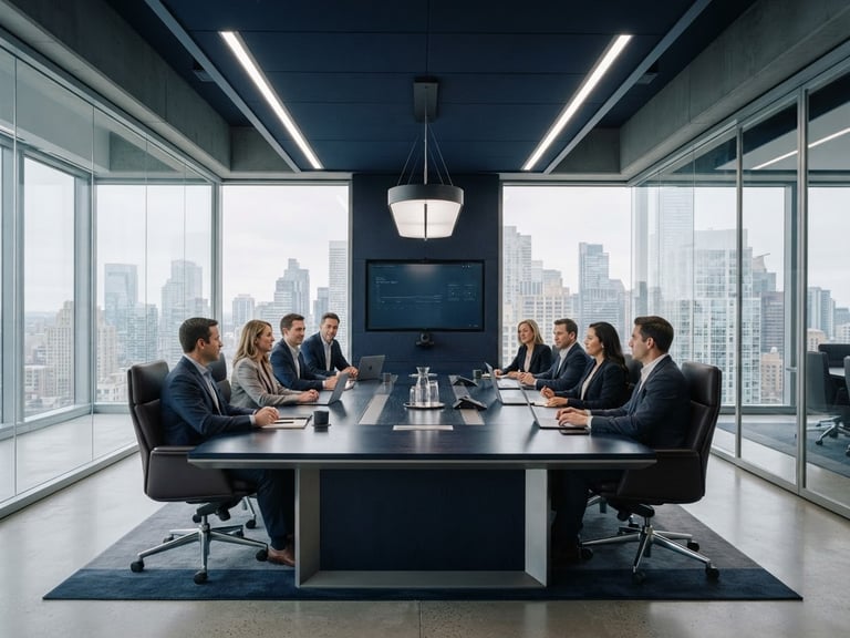 Crisp architectural light illuminating a modern corporate boardroom, deep navy and cool gray tones, sharp focus, 35mm editorial corporate photography.
