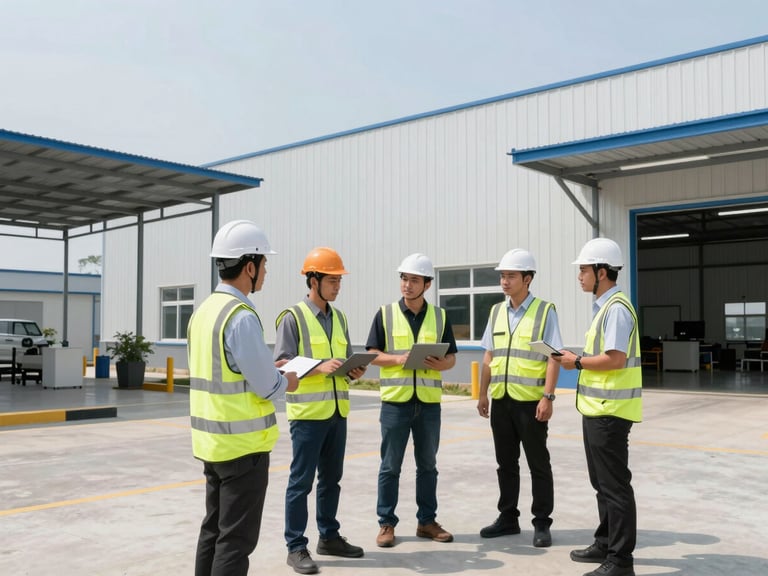 Professional corporate photography of a modern Indonesian industrial facility, clean warehouse environment with technical team wearing proper safety gear, bright natural daylight, sharp focus.