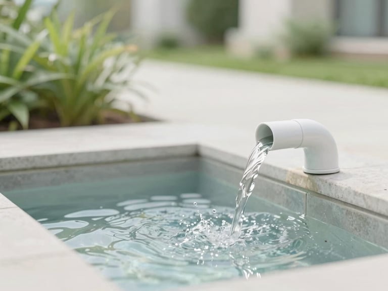 Clear, sparkling water flowing from a discreet outflow pipe into a small, clean stream in a natural setting, soft focus on background greenery.