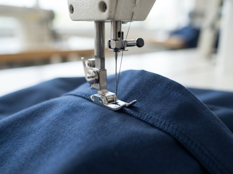 Macro shot of industrial sewing machine stitching a deep navy blue collar with immaculate precision, bright studio lighting, 35mm