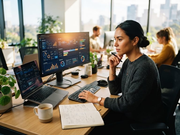 Warm editorial documentary photograph of a focused tech strategist working at a clean desk with digital interfaces visible, bright natural daylight, rich saturated tones, 35mm lens.