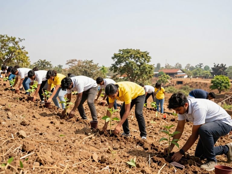 A vibrant group of young volunteers planting native saplings on a sunny hillside in Jalgaon, bright daylight, 35mm lens