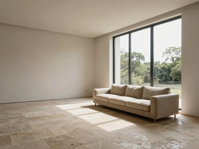 Wide environmental shot of a minimal residential living room, natural daylight pouring through a full-height window at the far right, illuminating a pale stone floor and a single low-profile sofa in warm linen. The frame is wide and anchored to the right canvas edge, generous negative space to the left, no decorative objects, architectural perspective at eye level.