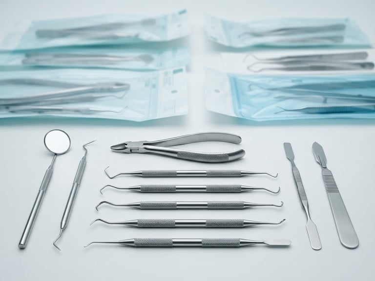 Close-up de instrumentais odontológicos de aço inoxidável polido sobre superfície branca, com embalagens lacradas de grau cirúrgico ao fundo. Iluminação de estúdio fria e limpa, estilo knolling.