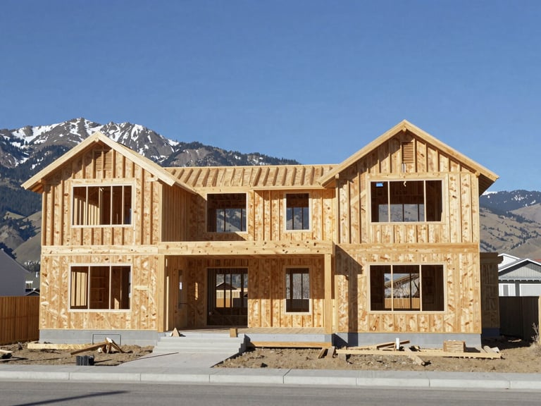 Wide-angle architectural elevation of a modern custom home under construction in Mountain Home, raw framing timber visible against crisp blue Idaho sky, bright natural mountain daylight.