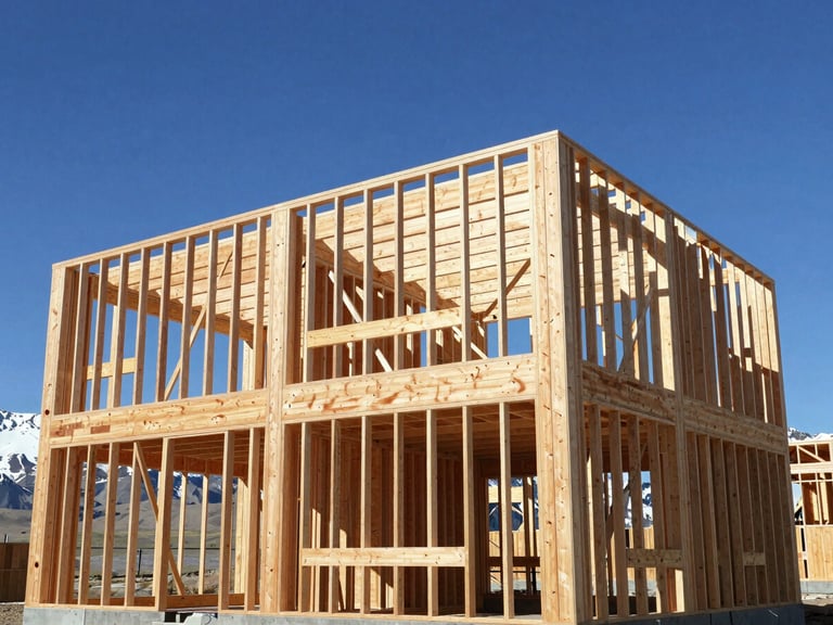 Wide-angle architectural elevation of a modern residential timber frame under construction, raw Douglas fir beams against a crisp blue Idaho sky, bright natural mountain daylight, high contrast, sharp focus, 35mm lens