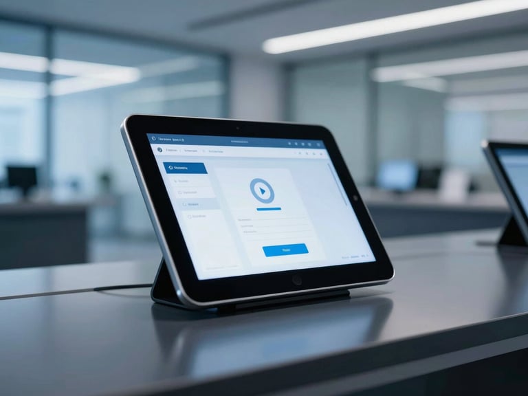 Sleek corporate photography showing a close-up of a modern retail checkout interface on a tablet, soft cool blue ambient light reflecting on a sleek dark counter, sharp focus, 35mm