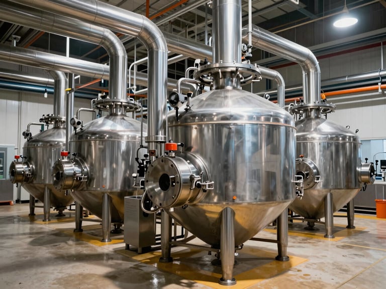 Wide environmental shot of clean, modern food processing plants with stainless steel pneumatic pipes, high-contrast industrial lighting, dramatic shadows, steel and safety orange tones, sharp focus, 35mm lens