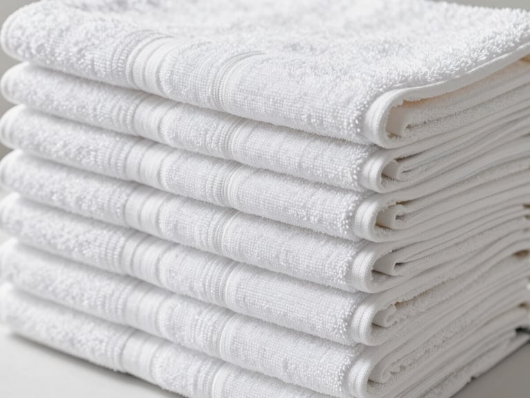 Stack of neatly folded high-fabric Turkish towels and bed covers, soft textures, clean studio lighting, focus on weave detail.
