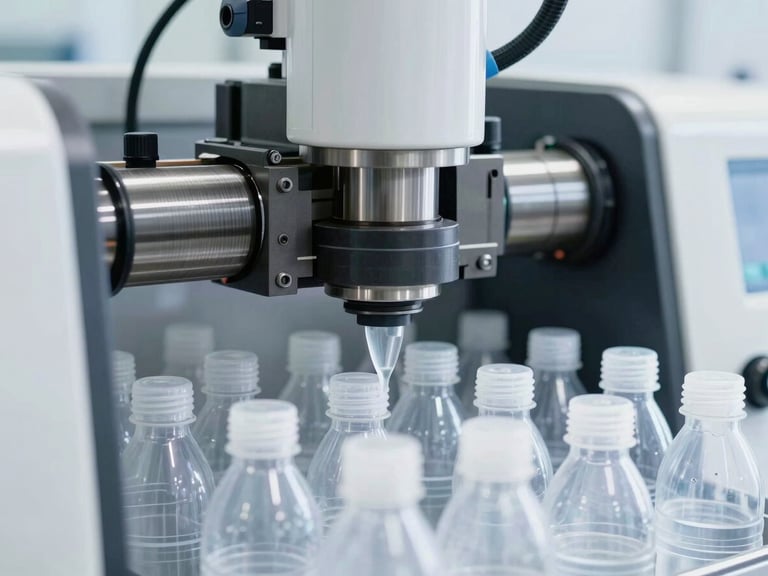 Close-up of automated injection molding machine producing clear PP bottles, clean industrial setting, high-key lighting, crisp details.