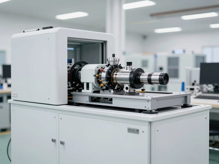 Technical shot of a complex Special Purpose Machine (SPM) on a factory floor, clean lines, bright industrial lighting, focus on precision components.