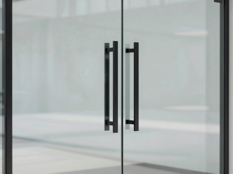 Minimalist commercial glass door with sleek black hardware, clean reflections of a modern office lobby, sharp focus on the seamless joint, 35mm