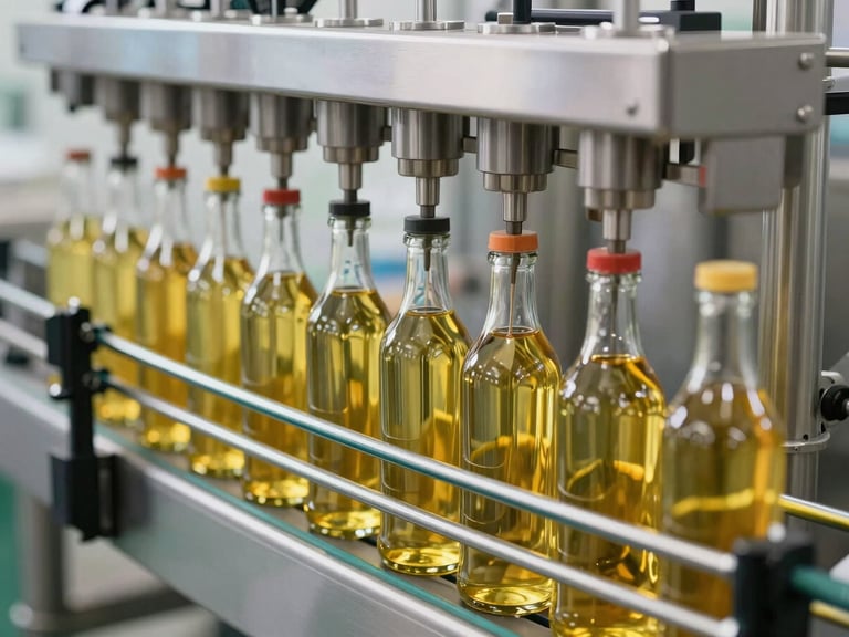 Automated bottle filling line with clean glass bottles filled with golden oil moving on a conveyor, sanitary environment, sharp focus, 35mm.