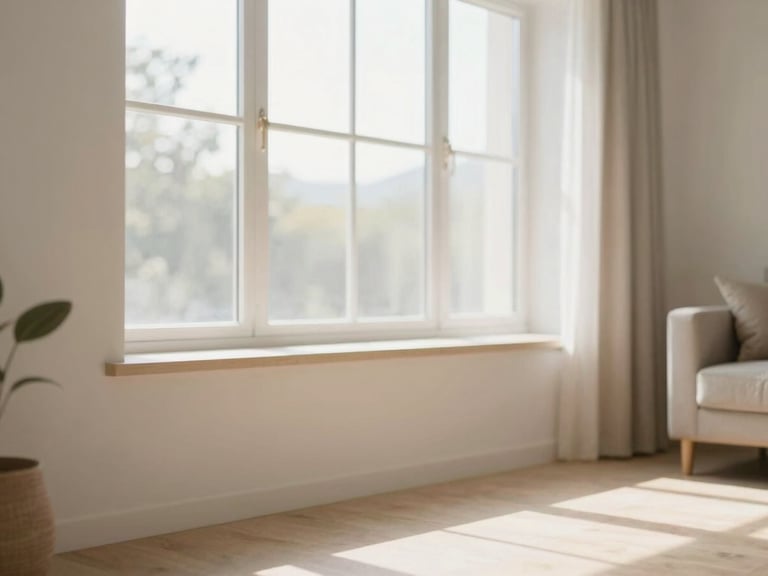 Bright sunlit clean home interior with soft morning window light, freshly detailed living room, warm neutral tones, shallow depth of field