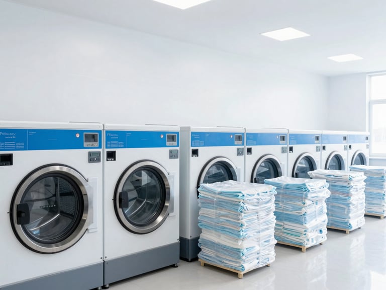 Wide shot of a modern, bright commercial laundry facility, showing large industrial washing machines, clean white walls, and clear plastic-wrapped stacks of medical linens. High-key daylight.