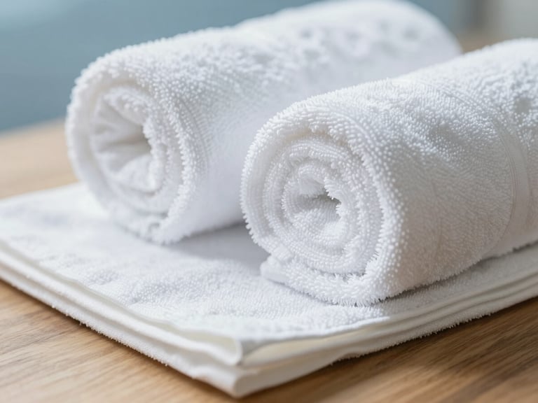 Macro shot of neatly rolled, clean white spa towels and fresh restaurant napkins on a wooden table, with soft, clean light. Focus on texture and cleanliness.