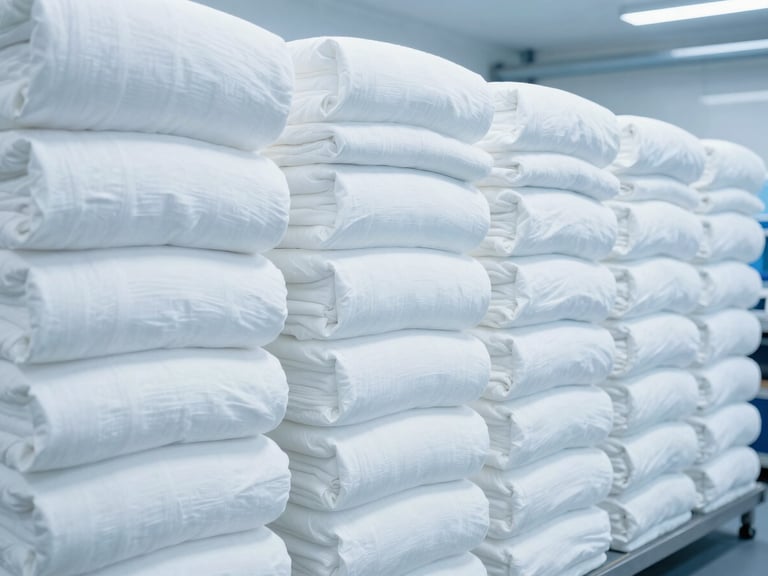 Wide shot of neatly stacked, wrapped white linens in a commercial laundry facility, bright industrial lighting, cool blue tones.
