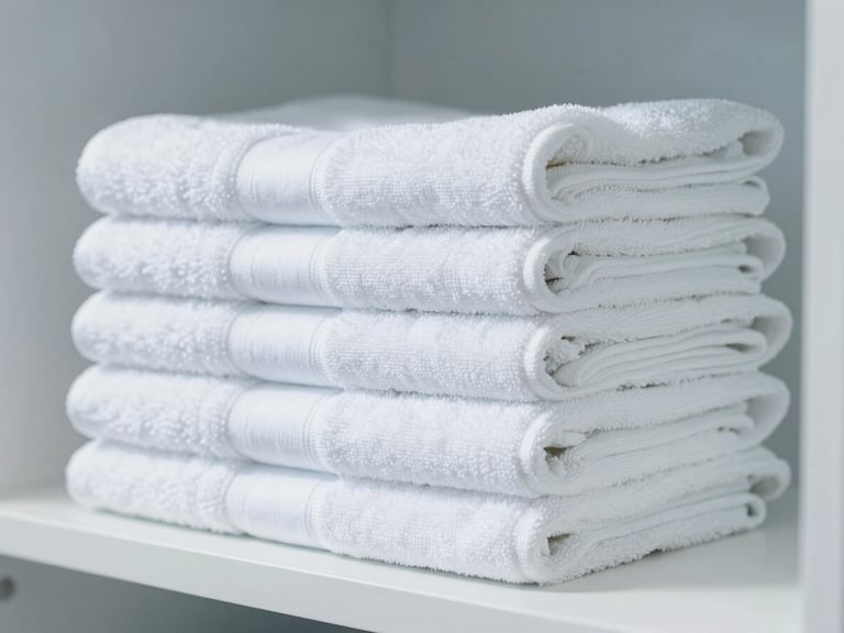 Close-up of perfectly folded, crisp white hotel towels stacked neatly on a shelf in a modern, bright hotel linen closet. Clean, soft daylight.