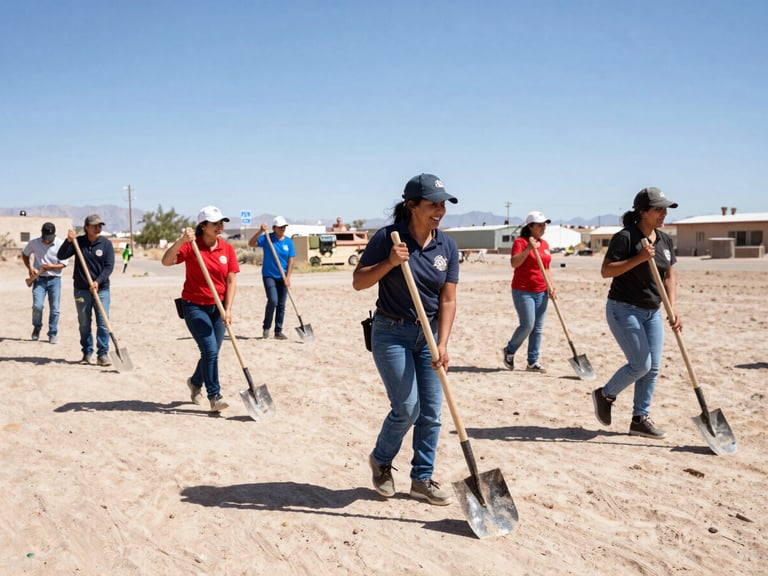 Dynamic wide shot of Mexicali volunteers in action under bright desert sunlight, holding shovels and smiling, real community effort, authentic documentary style.