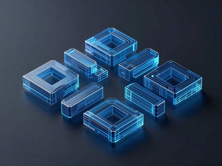Abstract 3D data-visualization vector, clean geometric wireframe rendering on a dark matte background, sharp cold-blue directional lighting, high-tech interface aesthetic.