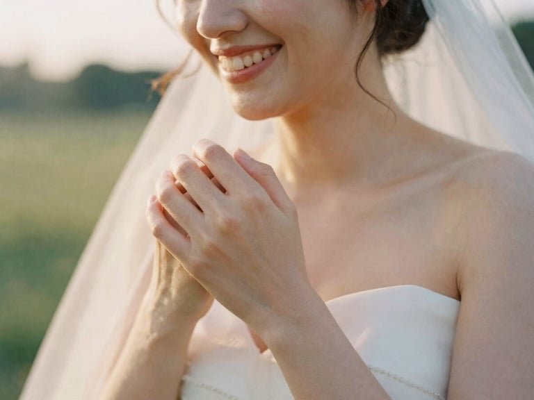 Medium close-up of a bride laughing during golden hour, soft focus on her hands, warm sunlight, 35mm film style