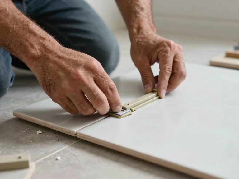 Close-up of a master craftsman's hands carefully setting a large porcelain tile on a bathroom floor. The composition focuses on the precision of the spacer and the thin-set mortar. Modern North American / Hispanic home setting.