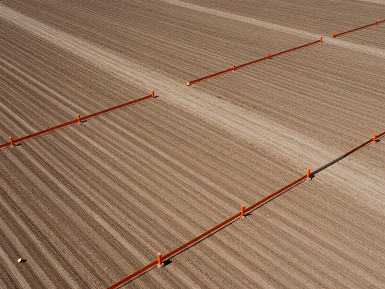 Overhead drone shot of perfectly gridded land plots, raw dirt contrasting with safety-orange boundary markers, harsh sunlight emphasizing the flat graded texture.