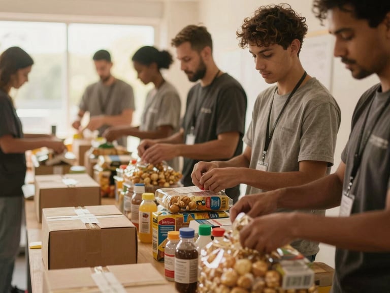 Soft focus shot of volunteers sorting non-perishable goods in a clean, organized aid distribution center, natural light.