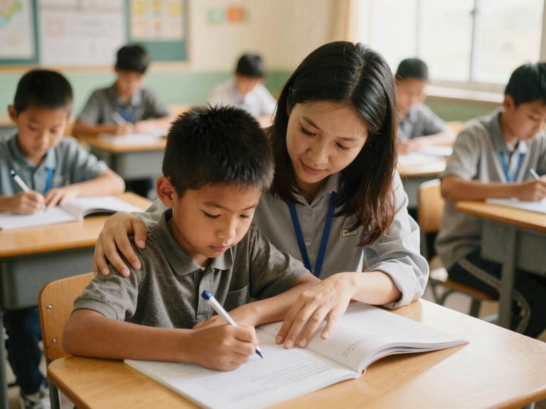 Candid shot of a volunteer helping a child with homework in a brightly lit classroom, warm natural light, focus on shared effort.