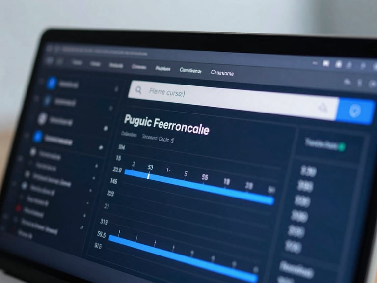 Close-up of a high-contrast digital screen displaying local search performance metrics, sharp technical UI, electric blue accents, cool overcast lighting.