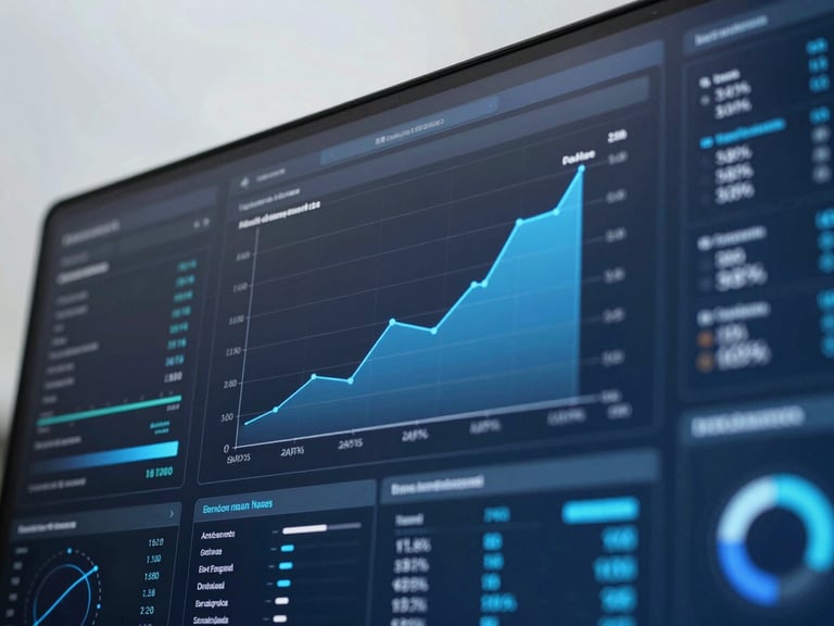 Macro high-contrast shot of real-time analytics dashboards showing soaring performance curves, cool overcast daylight, technical charcoal and electric blue UI.