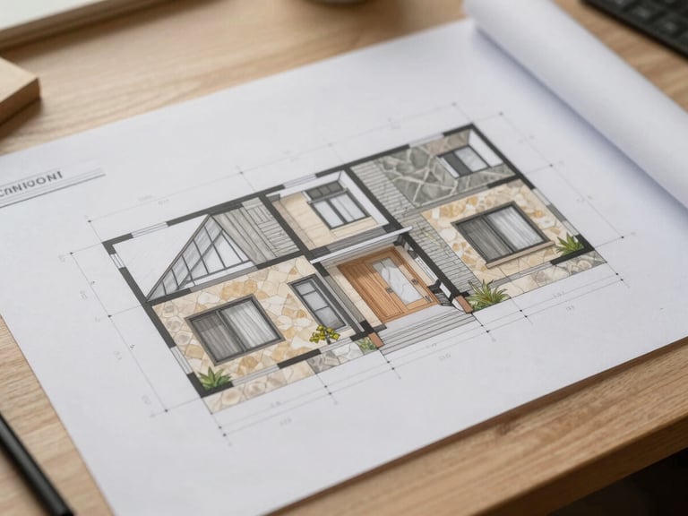 Architectural drawing of a residential extension plan, showing floor layout and elevation details, on a drafting table.