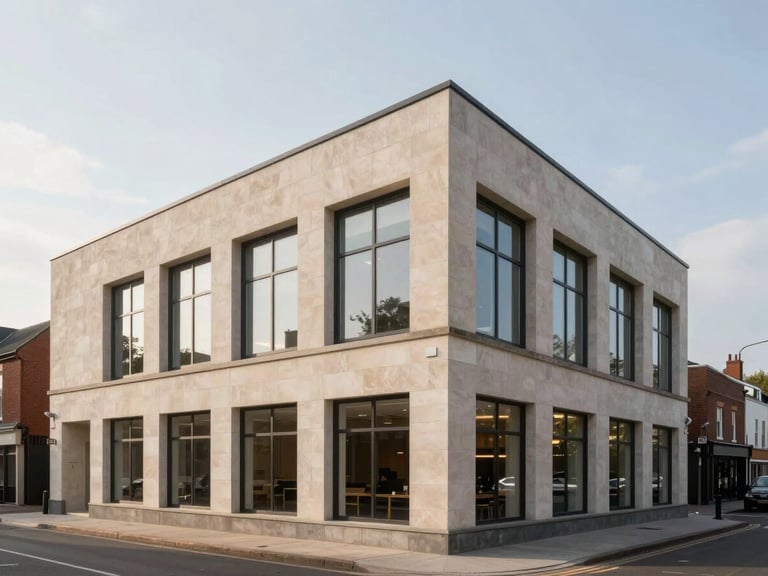 Finished commercial building exterior, clean geometric lines, large windows, integrated into a town setting, soft daylight.