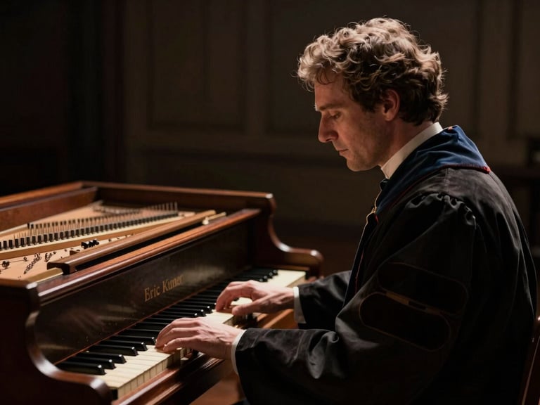 Dramatic side-lit portrait of Dr. Eric Kinsley seated at a historical harpsichord, deep shadows, warm incandescent highlight on the polished wood, shallow depth of field, 35mm.