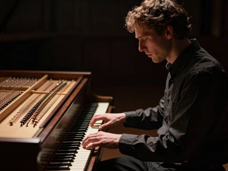 Dramatic side-lit portrait of Dr. Eric Kinsley seated at a double-manual harpsichord, deep shadows, warm incandescent glow on ivory keys, shallow depth of field, 35mm.