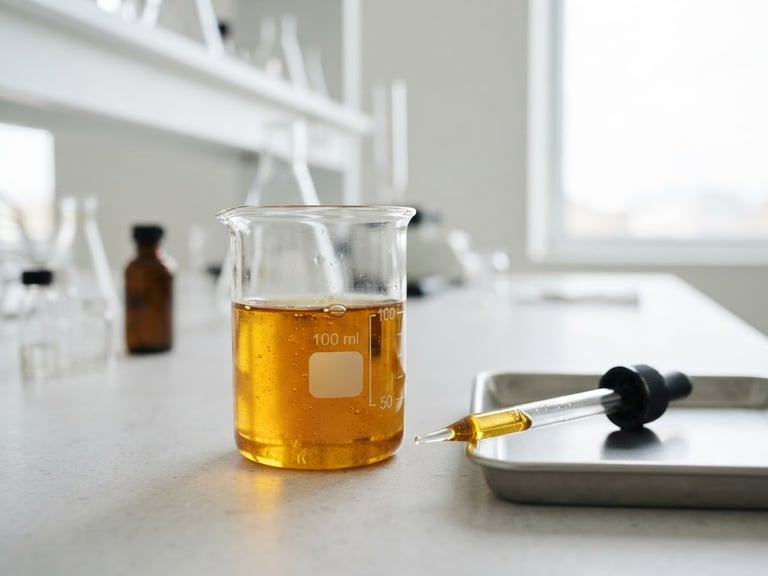 A glass beaker filled with raw botanical oils next to a precise laboratory pipette, bright diffused daylight, minimalist laboratory setting