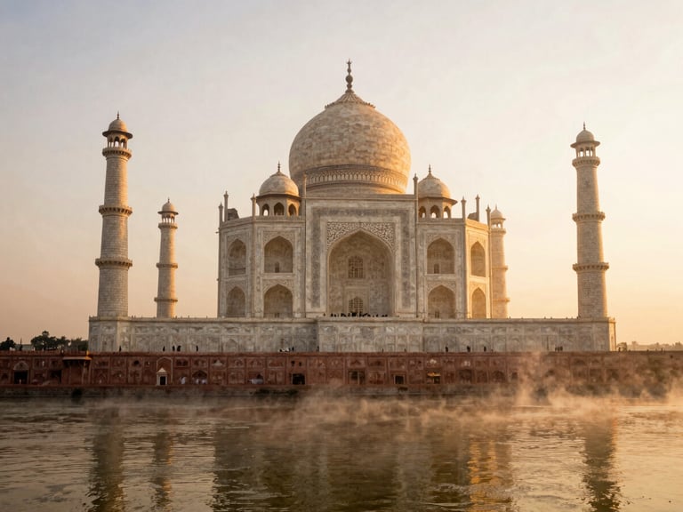 A wide environmental shot of the Taj Mahal at sunrise, soft morning mist rising from the Yamuna River, golden-hour light reflecting on white marble, warm heritage tones, 35mm film look.