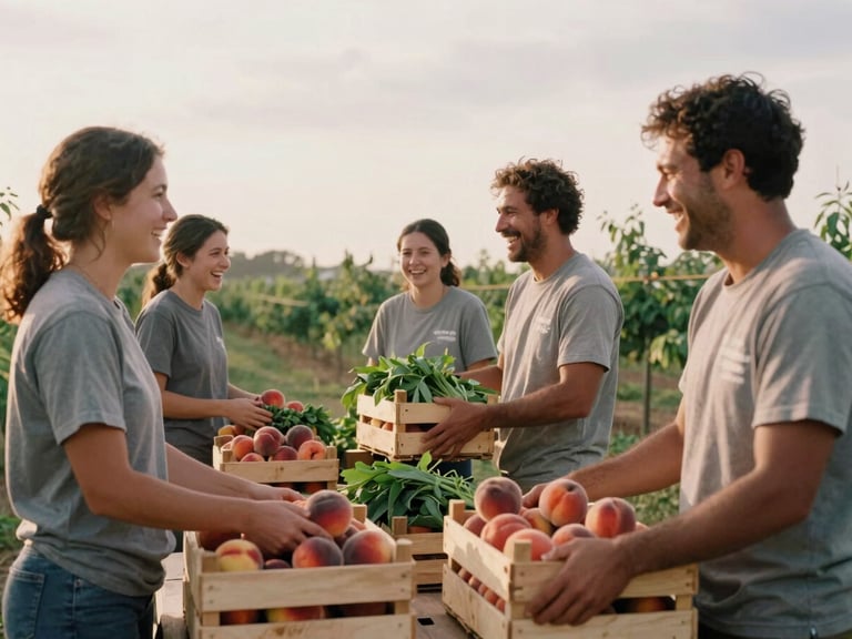 Warm, authentic photo of volunteers laughing while packing wooden crates with fresh Georgia peaches and greens under soft overcast daylight, 35mm film look.