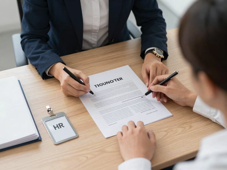 Overhead view of an onboarding session, a new employee and an HR coordinator reviewing a printed contract on a conference table, ID badge and onboarding folder visible, neutral daylight