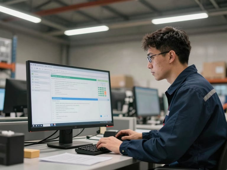 Worker at a logistics hub workstation reviewing a digital dashboard on a monitor, overhead fluorescent and natural light mix, environmental wide shot, no posed expression