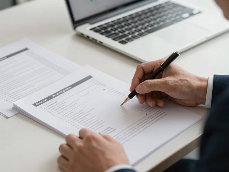 Close-up of a recruiter's hands reviewing a printed candidate profile on a desk, annotated pages and a laptop screen visible in the background, neutral studio daylight