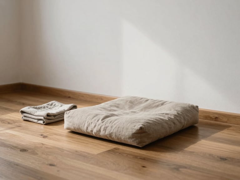 Wide shot of a meditation cushion on bare wood floor beside a white wall, soft north-facing daylight, a folded linen cloth to one side, empty space dominating the frame